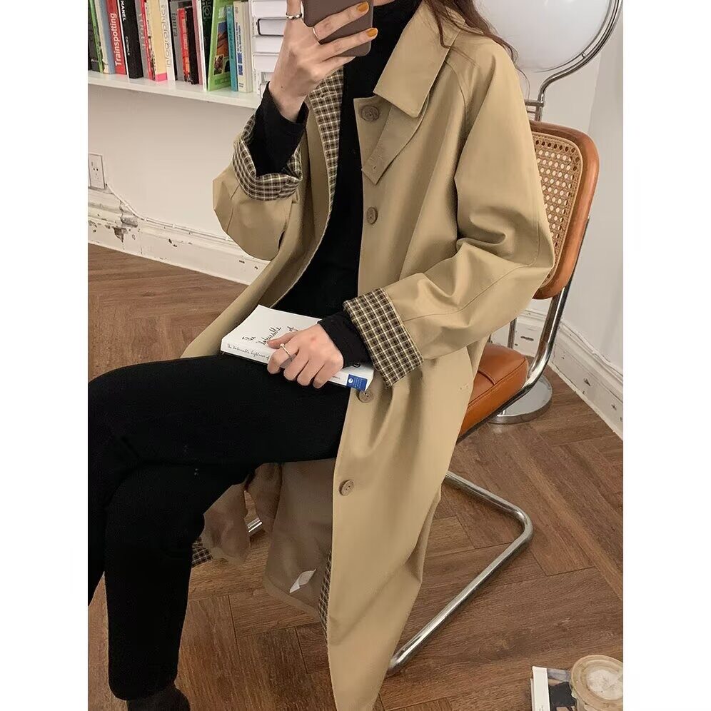 韩系大码休闲风衣外套女2026新款英伦风大衣拼接格纹中长款上衣秋
