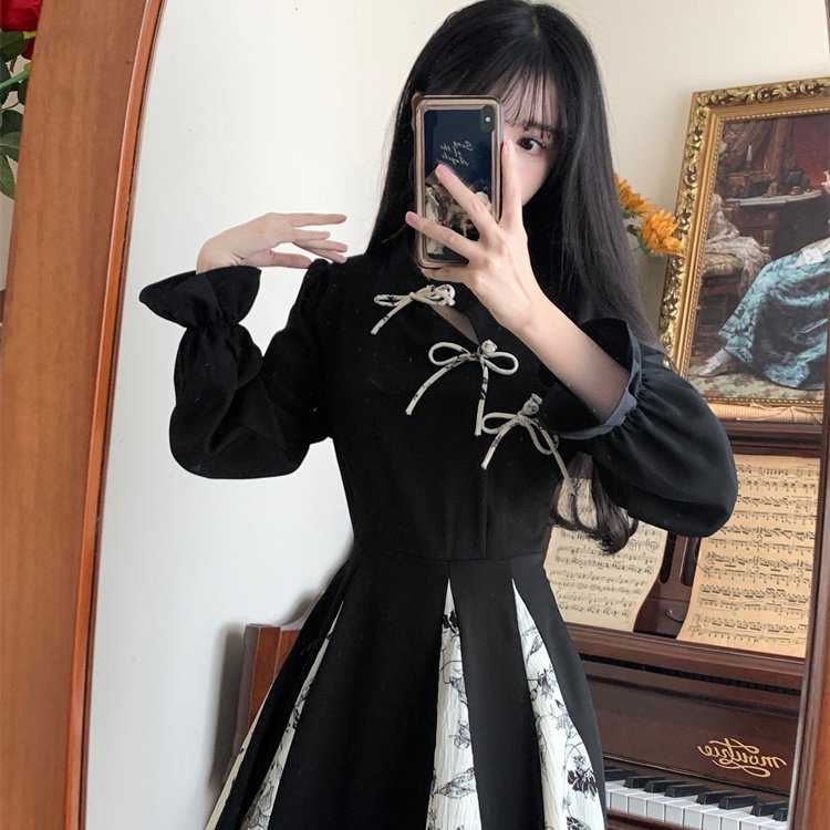 复古新中式国风改良旗袍大摆长裙子女秋季碎花拼接长袖连衣裙春季