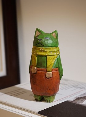 复古创意木雕猫咪个性桌面摆件手工雕刻工艺品书房办公室造景装饰