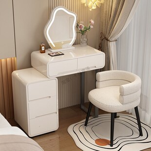 实木烤漆小户型梳妆台卧室60cm现代简约2024新款 奶油风一体化妆桌