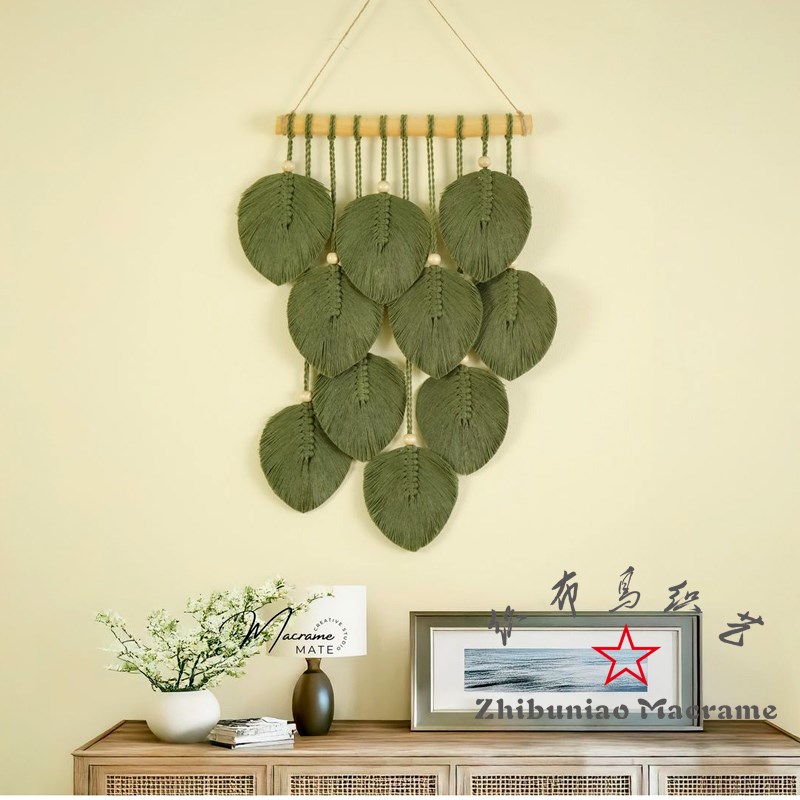 简约现代绿色叶子编织挂毯民宿酒店墙壁上装饰挂件macrame挂饰品