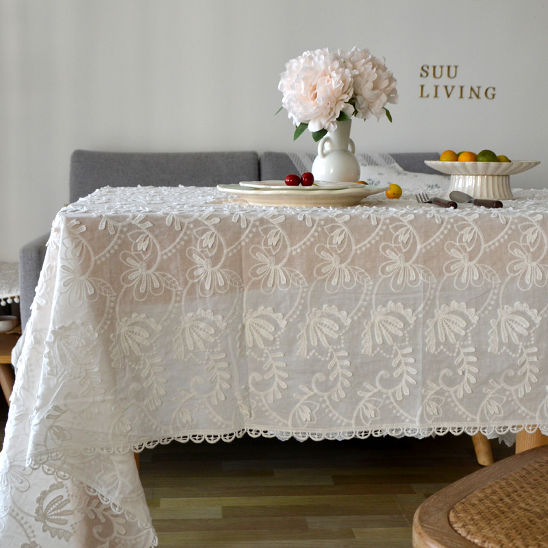 欧式ins法式轻奢刺绣钩花立体蕾丝餐桌布台布茶几布装饰布料