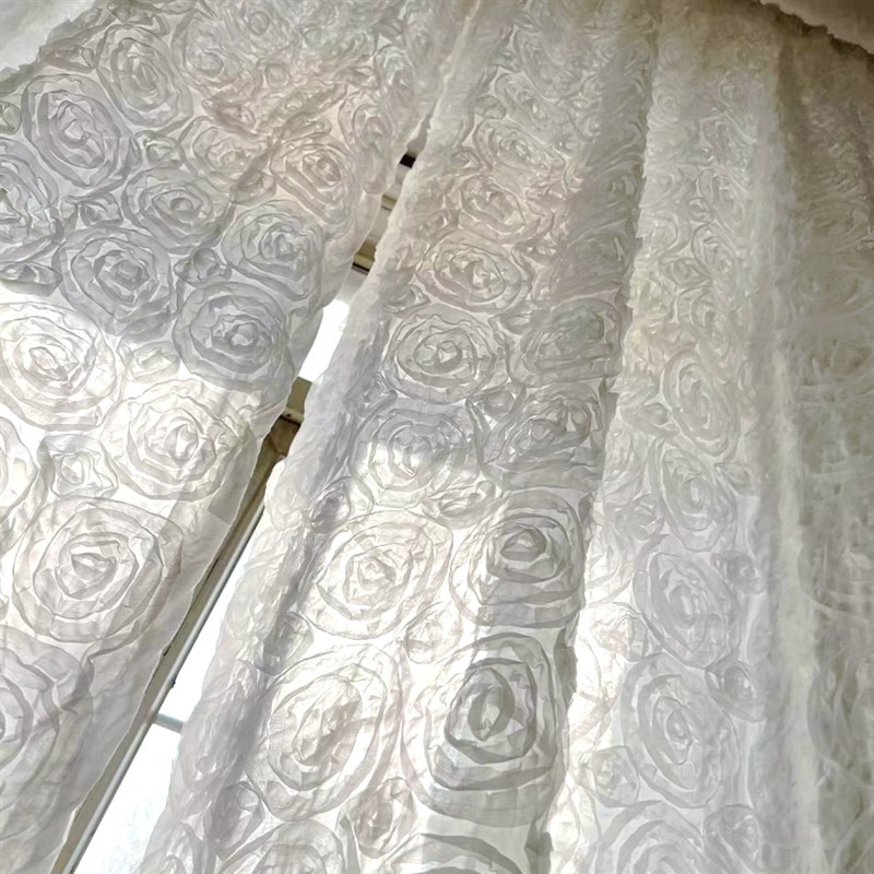 美式田园绣花窗帘白色成品窗帘,丝带绣花飘窗窗帘,布艺门帘短帘