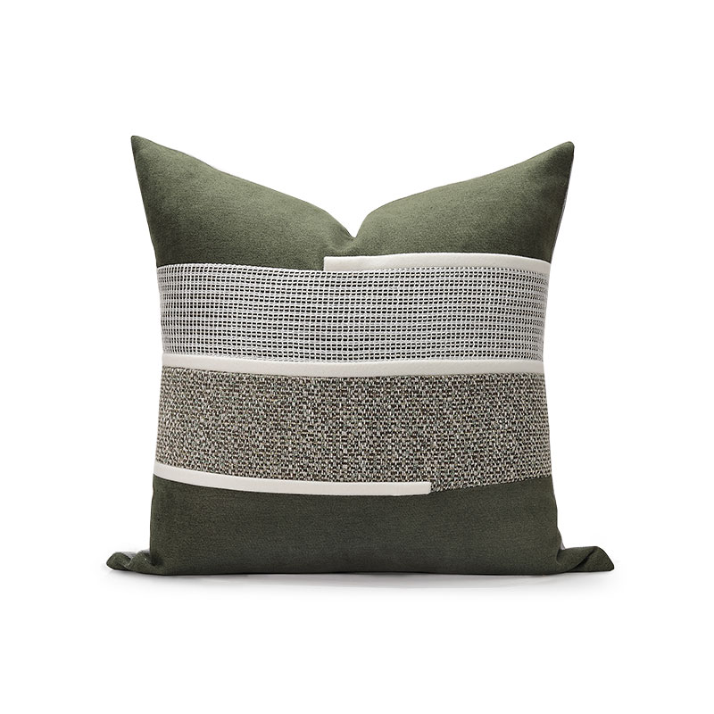 现代新中式简约主卧抱枕轻奢样板房靠垫墨绿色拼豆角粗肌理纹靠包