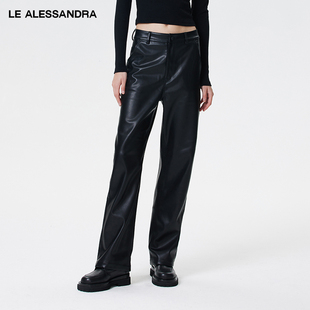 休闲长裤 品牌直营 黑色复古中高腰PU直筒暗扣皮裤 ALESSANDRA