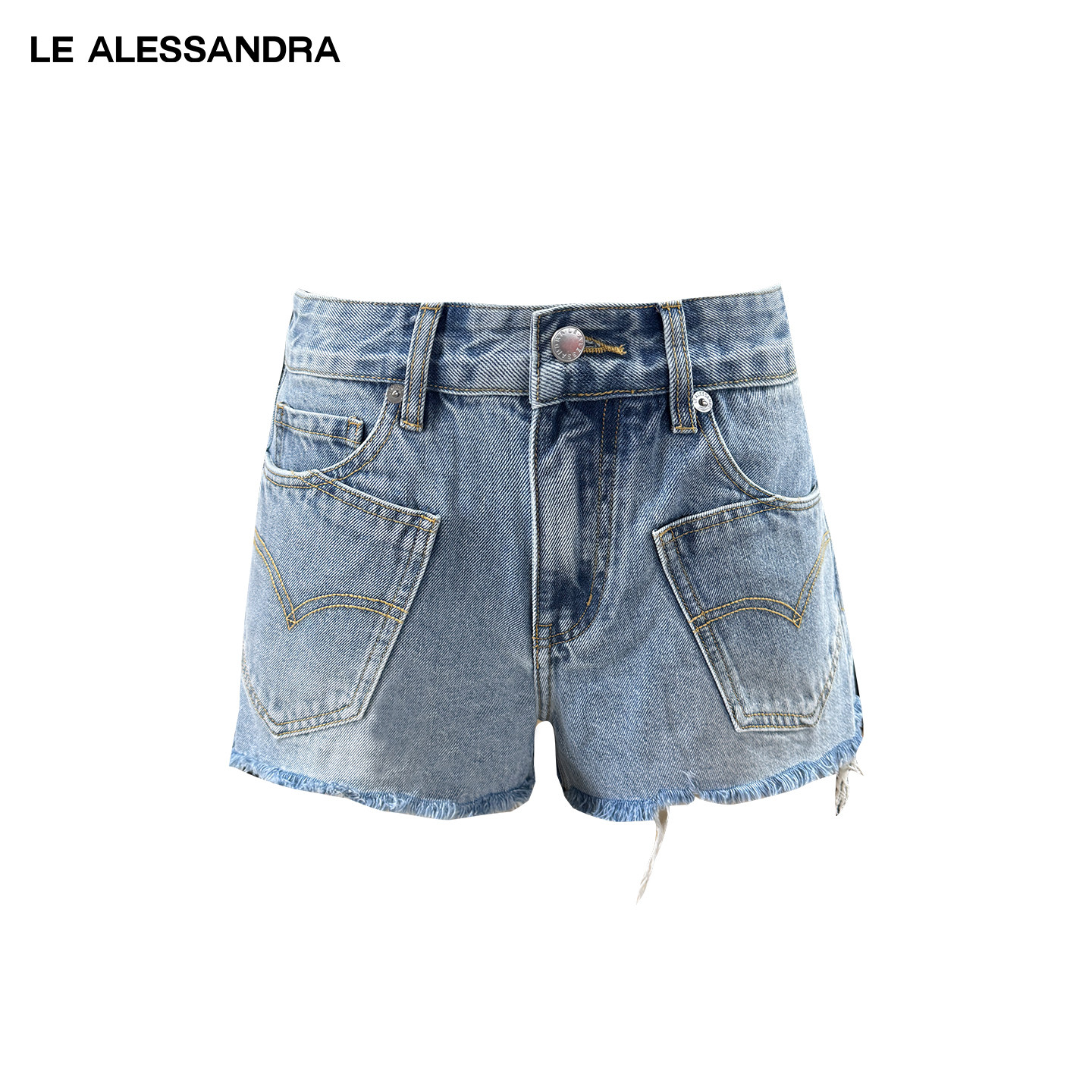 品牌直营 LE ALESSANDRA 浅蓝色洗水多口袋毛边牛仔短裤