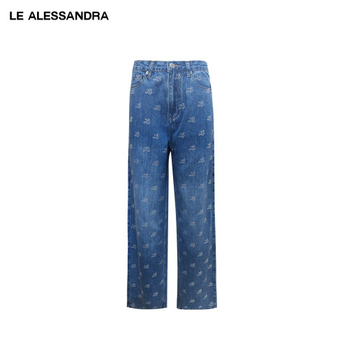 品牌直营 LE ALESSANDRA天丝柔肤感闪亮满钻老花LOGO直筒牛仔长裤
