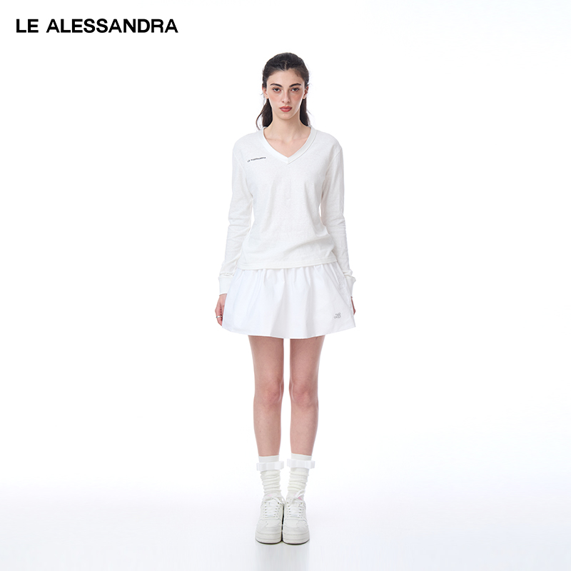 品牌直营 LE ALESSANDRA 白色V领缎面材质拼接苎麻棉长袖T恤上衣
