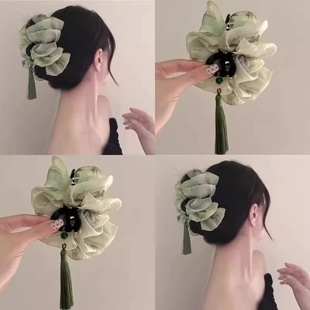 新款复古风水墨流苏云朵网纱大号抓夹女新中式鲨鱼夹发夹发饰头饰