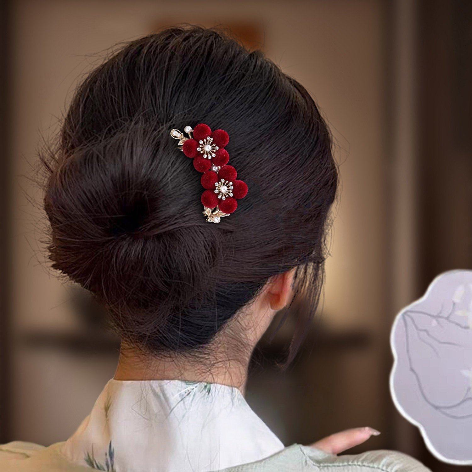 新年红色绒花u型发簪女图片