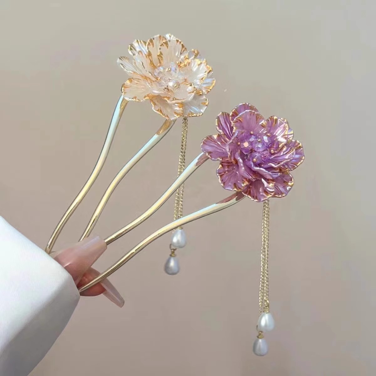 新中式u型紫色牡丹花发簪发饰