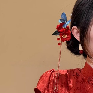 新中式刺绣蝴蝶长流苏发簪汉服旗袍新娘结婚敬酒服后脑勺盘发头饰