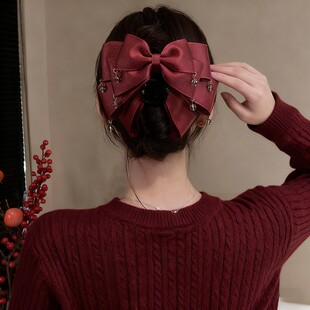 新年多层细闪蝴蝶结抓夹女水晶流苏珠珠发夹后脑勺盘发鲨鱼夹头饰