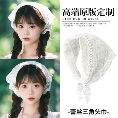2025新款白色蕾丝头巾三角巾女海边旅游发箍发巾田园风发带头饰品