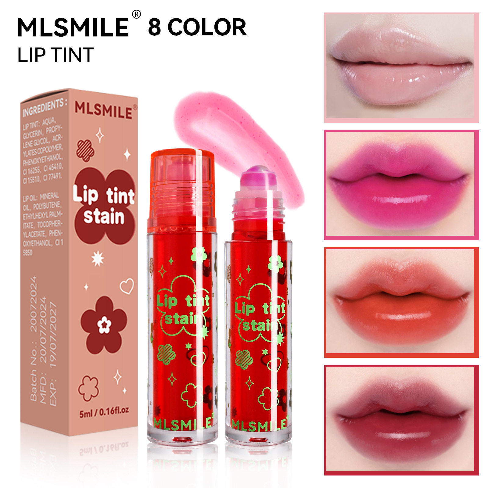 MLSMILE跨境彩妆滚珠染唇液不粘杯唇釉易上色口红水唇彩+透明唇油