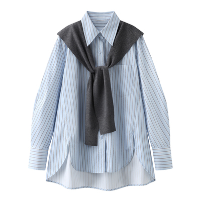 春新款披肩条纹衬衫女