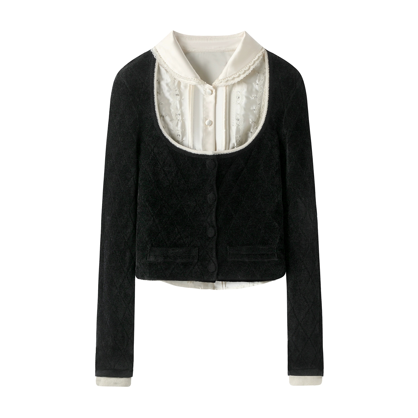 娃娃领撞色假两件针织开衫手工