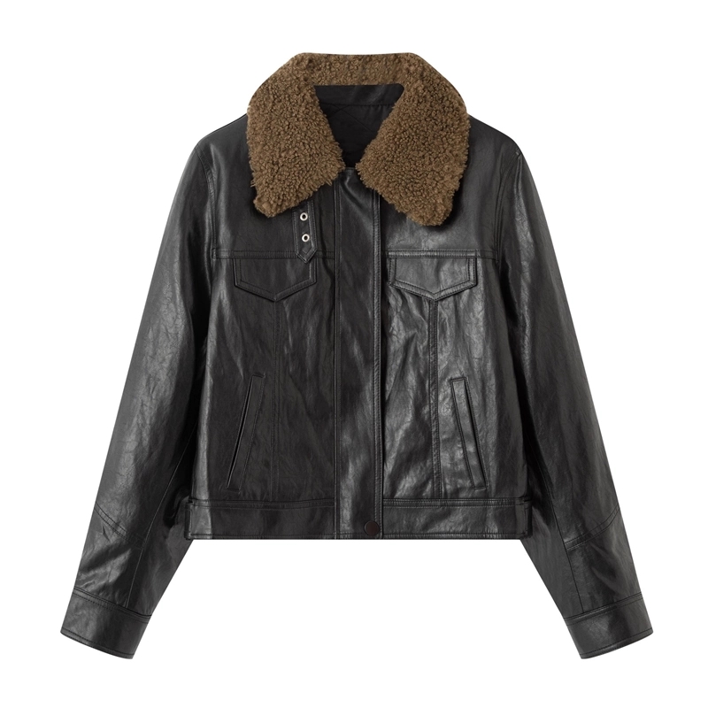 新款复古毛领开衫皮衣短外套
