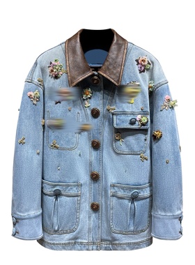 2025冬季新款廓形拉菲花朵珠饰飞牛仔棉服上衣姆中长款25D21NC030
