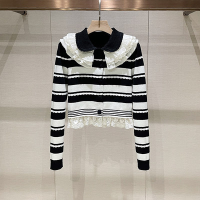 洛可可饰边黑白撞色条纹针织开衫