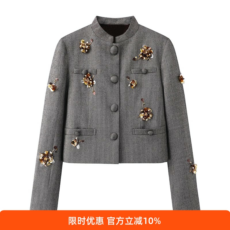 2025秋人字纹重工拉菲钉珠花朵飞通勤姆外套25C21SC006