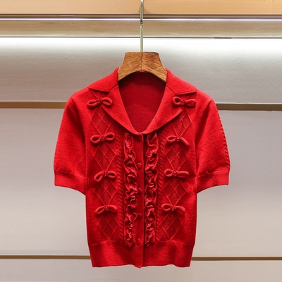 蝴蝶结珠饰针织短袖开衫小上衣