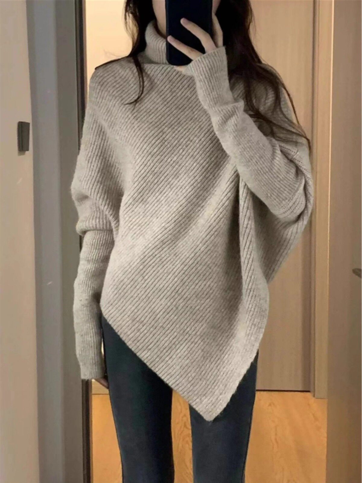 高领不规则小众设计感毛衣女秋冬韩版宽松慵懒风软糯针织上衣加厚