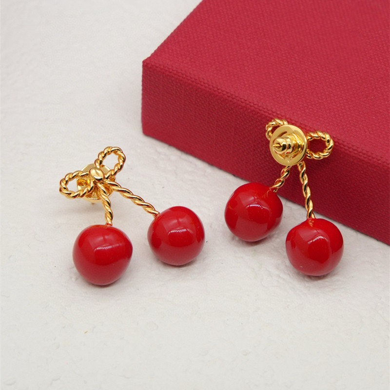 旺家原创 杨紫同款蝴蝶结樱桃耳钉复古百搭高级耳环项链蔡依林ins