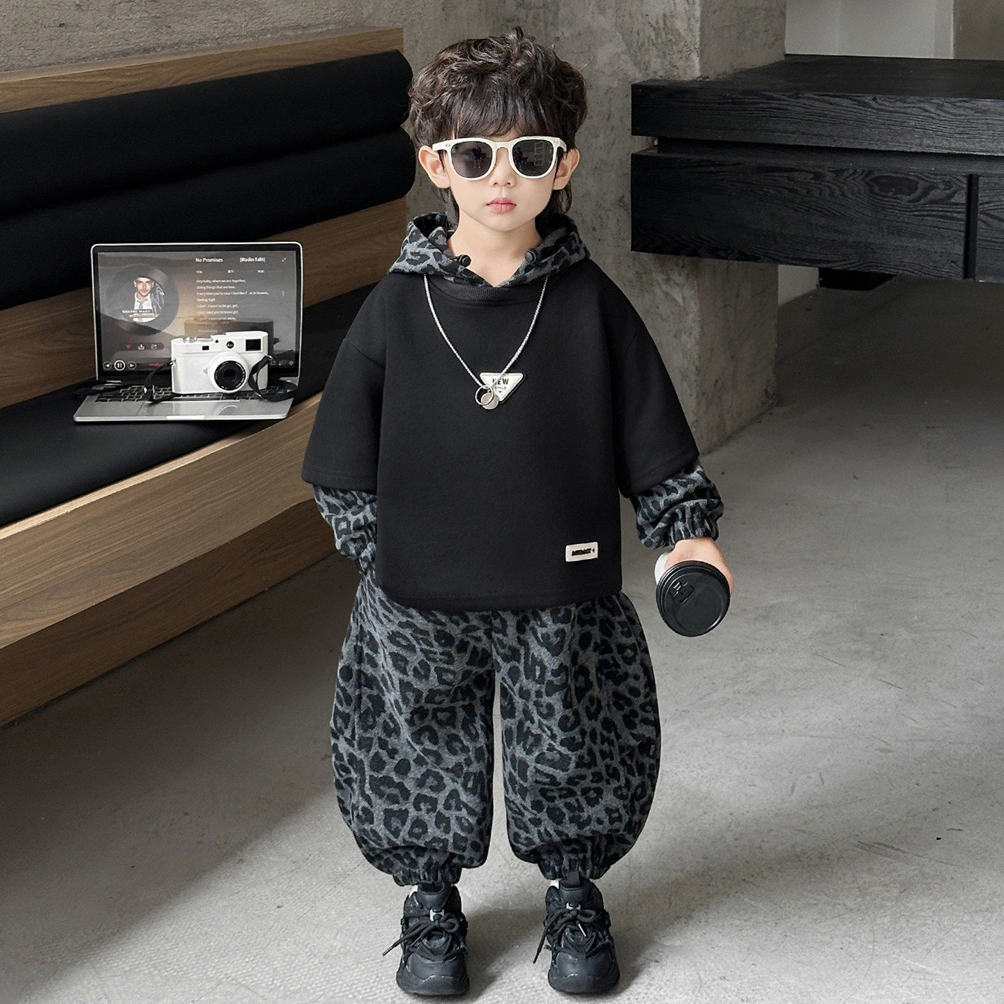 全棉纯棉男童春秋套装韩版炸街卫衣裤两件套2026新款豹纹运动服