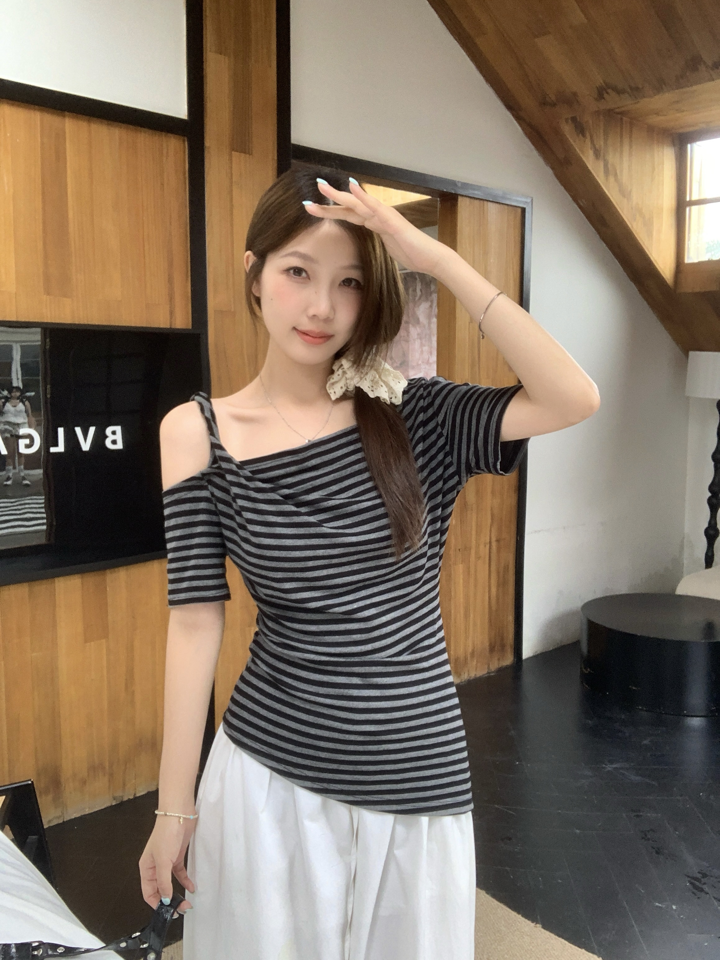 实拍 大码胖mm辣妹风复古条纹露肩短袖T恤斜肩修身显瘦设计感上衣