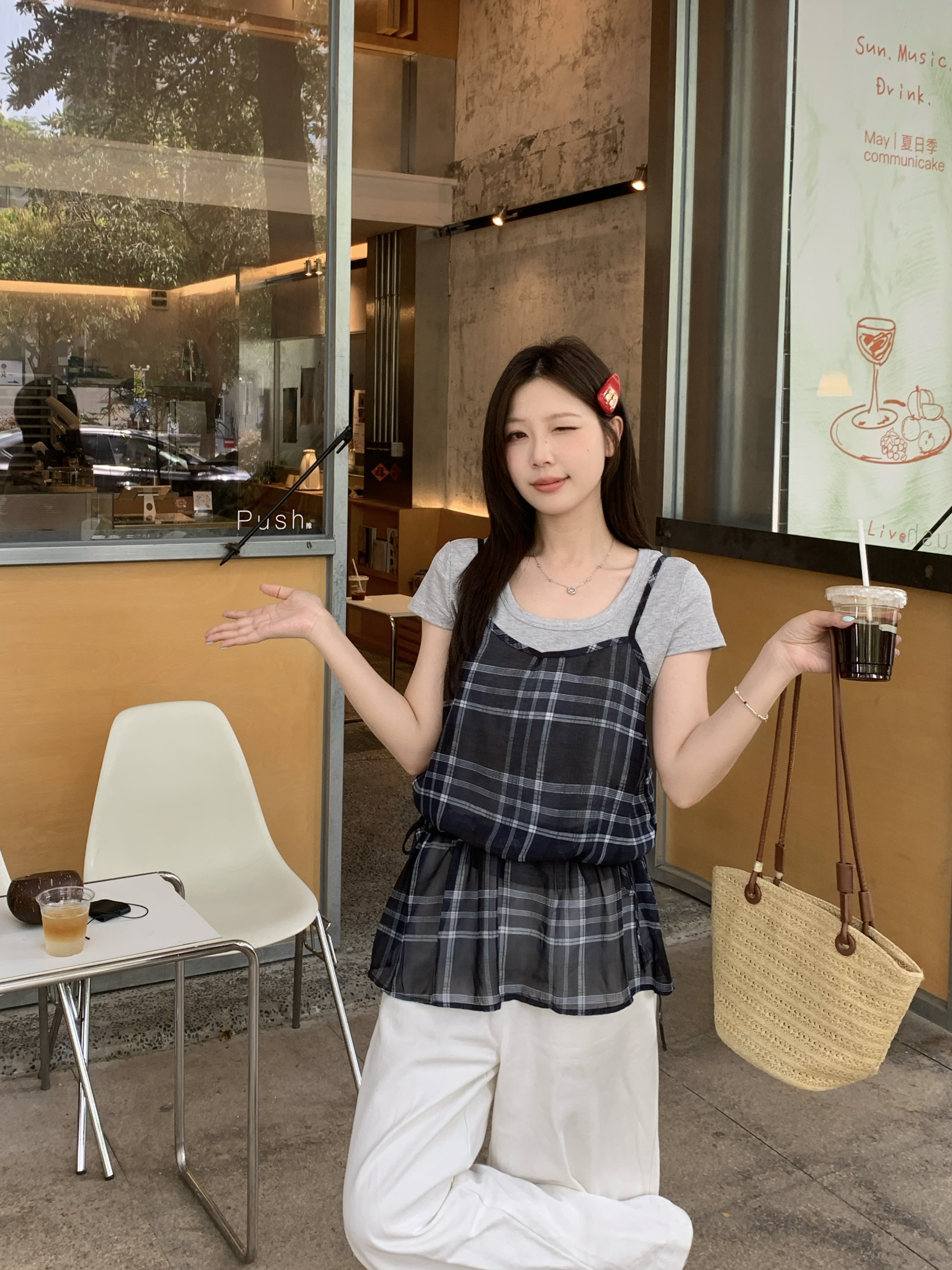 实拍 大码胖MM夏季新款设计感小众百搭格子吊带T恤套装叠穿两件套