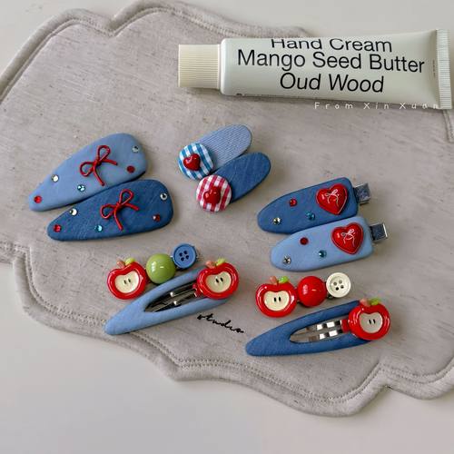 韩系蓝色牛仔蝴蝶结爱心水钻发夹边夹女侧板刘海夹子发卡百搭头饰