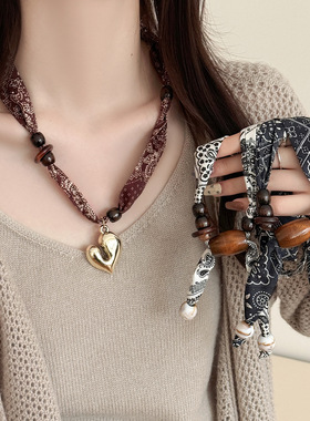时髦腰果花木珠爱心丝巾项链女复古波西米亚挂脖长款抽拉式毛衣链