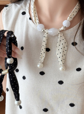 韩系波点串珠丝巾项链女小众设计感可调节布艺锁骨链系脖围巾配饰