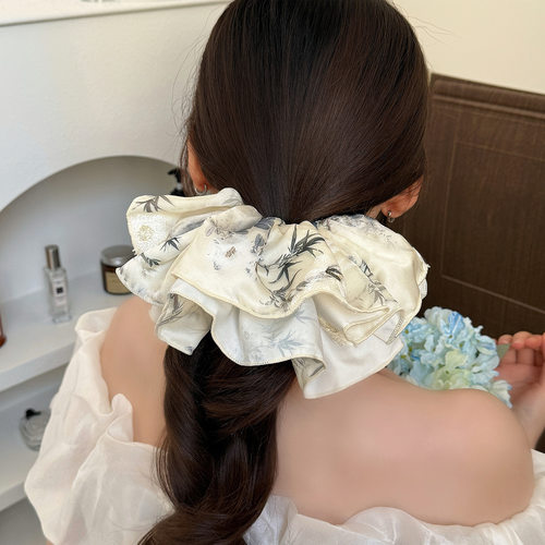 轻奢翠竹印花飘带蝴蝶结马尾夹高颅顶显发量抓夹半扎发夹裙摆发圈