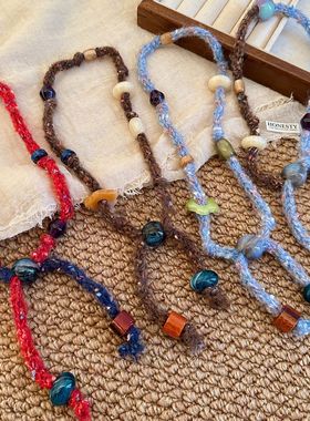 复古针织毛线串珠抽拉项链女2025新款独特设计毛衣链个性挂脖配饰