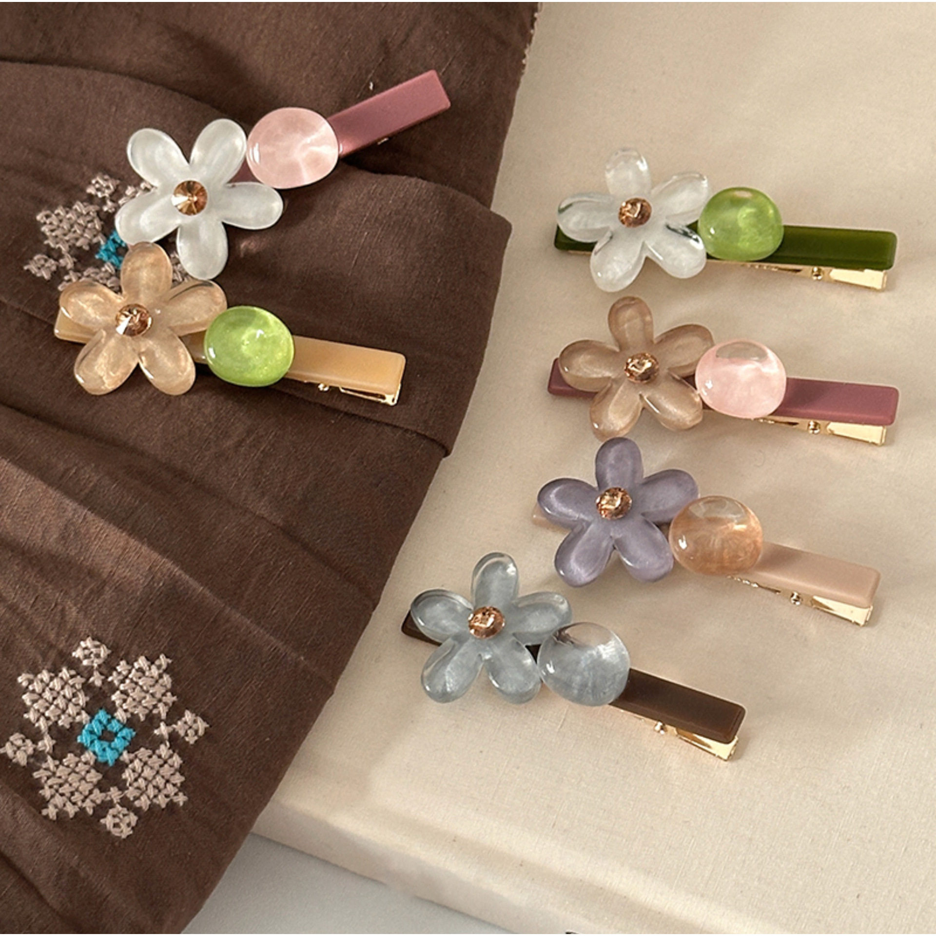 韩国复古质感花朵闪钻发夹小众清透加厚珠珠刘海碎发夹鸭嘴夹新款