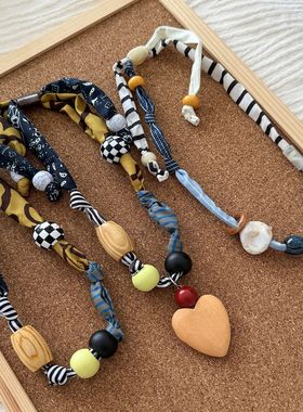 时髦布艺趣味拼接可调节项链女款小众设计锁骨链多层缠绕手链配饰