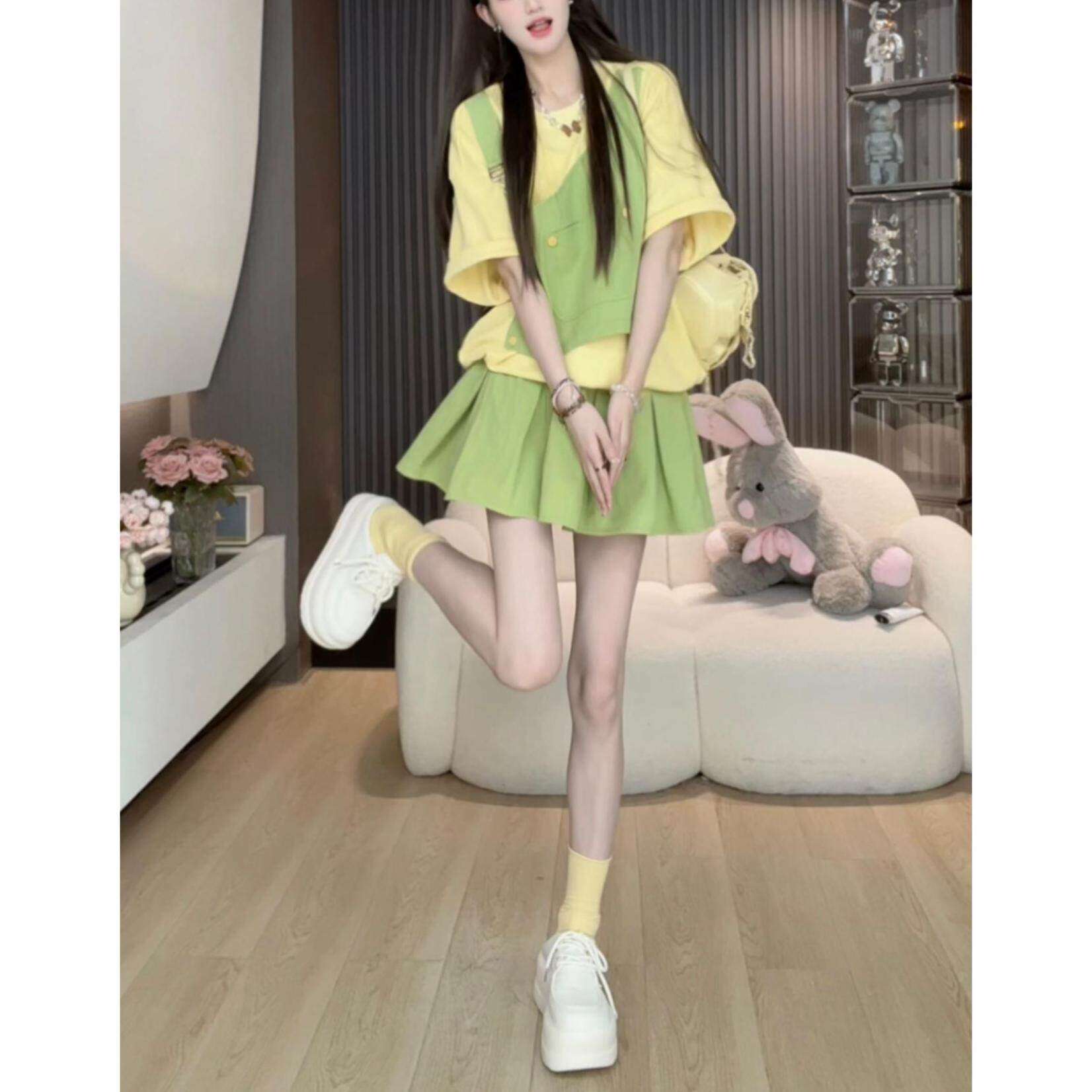 2025夏季女装短袖套装 小个子假两件设计 上衣加短裙两件套 XXL可