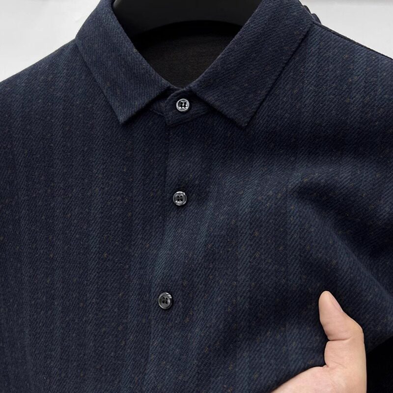 时尚暗条纹！精品绵羊毛衬衫男长袖秋冬季加厚保暖抗皱免烫衬衣