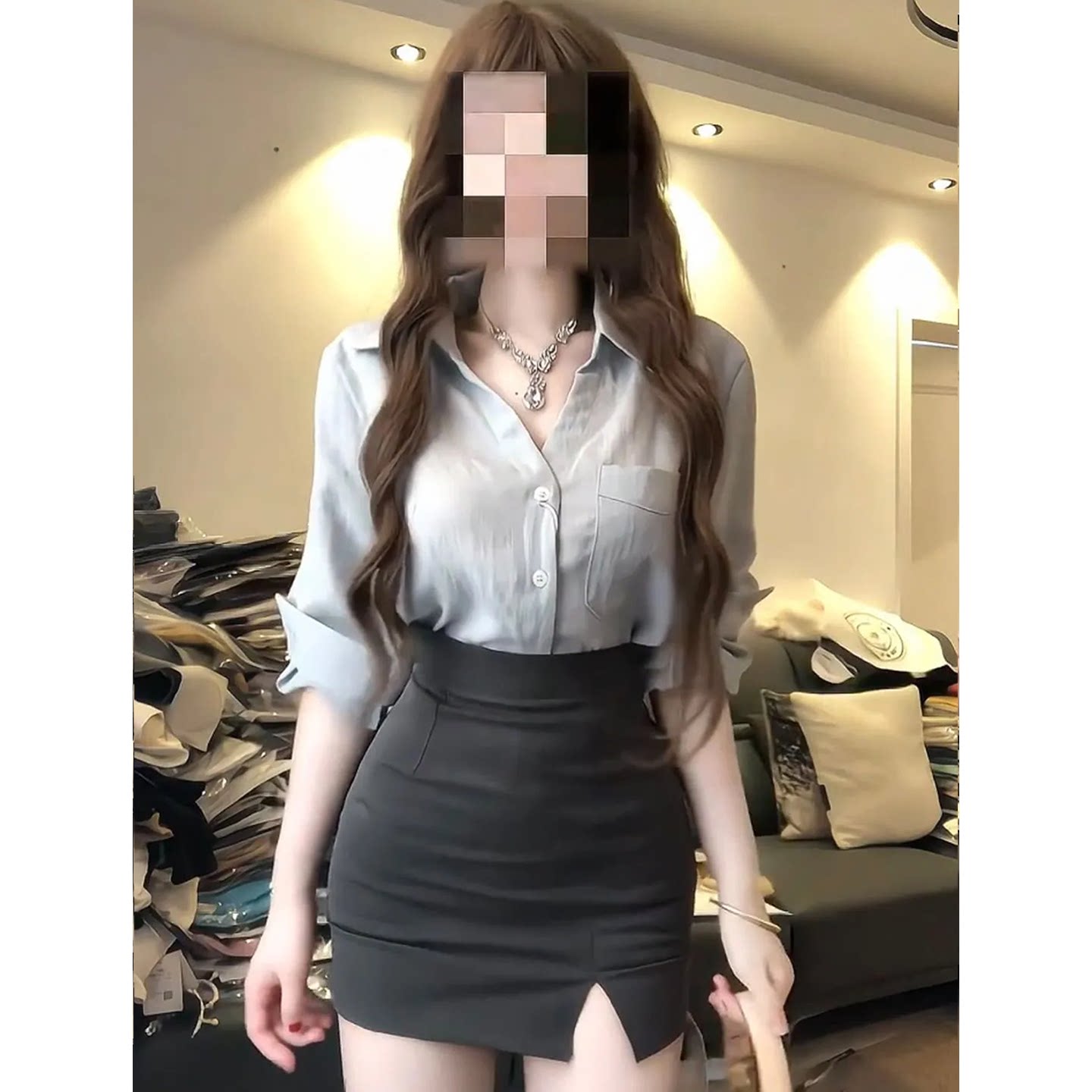 v领衬衫高腰包臀半身裙两