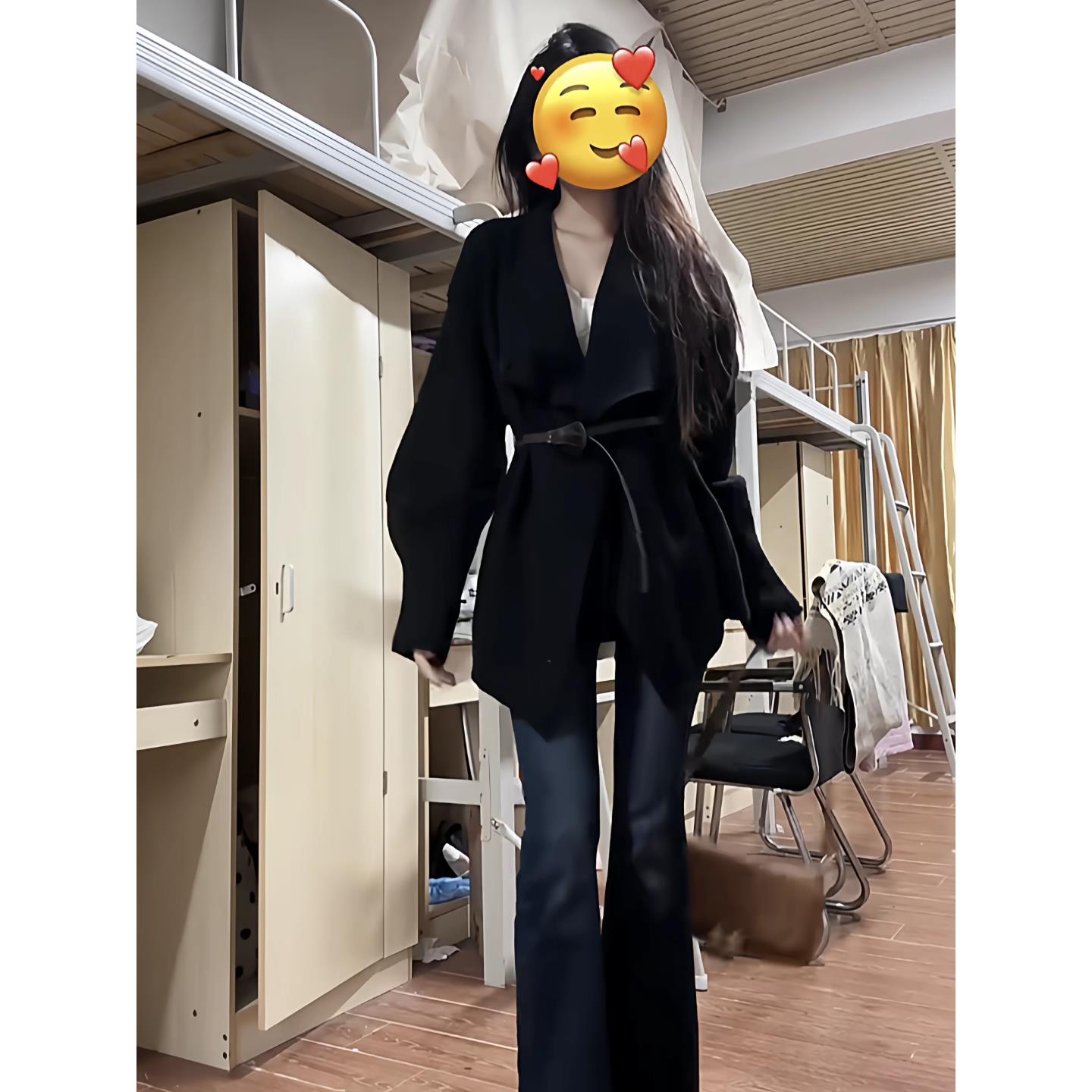 韩系高级感收腰中长款黑