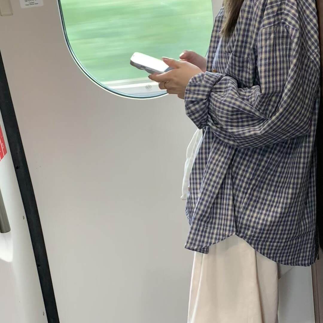 韩版蓝色格子长袖衬衫女