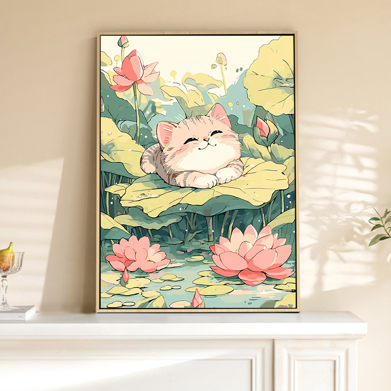 荷花猫咪数字油画diy填充填色手工绘卡通小猫丙烯画油彩画装饰画图片