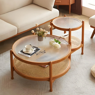 中古圆形实木藤编玻璃茶几客厅家用小户型现代简约沙发边几小茶桌