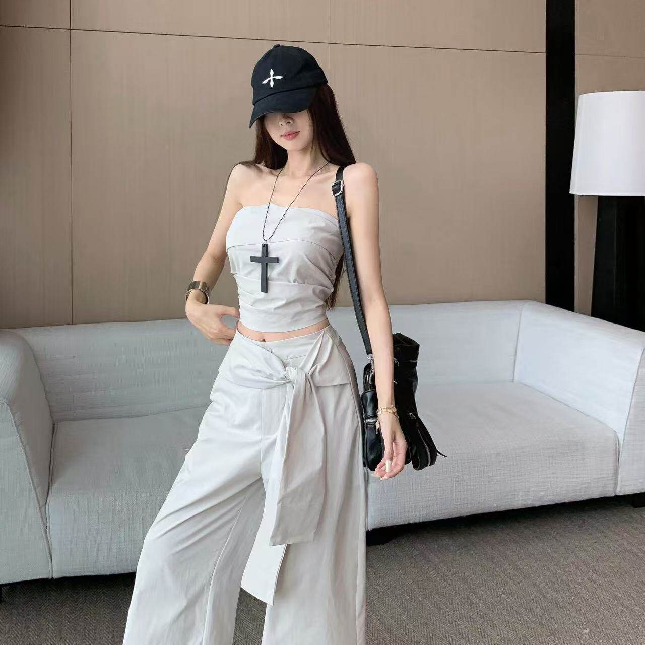 美式辣妹抹胸套装女夏季一整套2025新款时尚流行阔腿裤休闲两件套