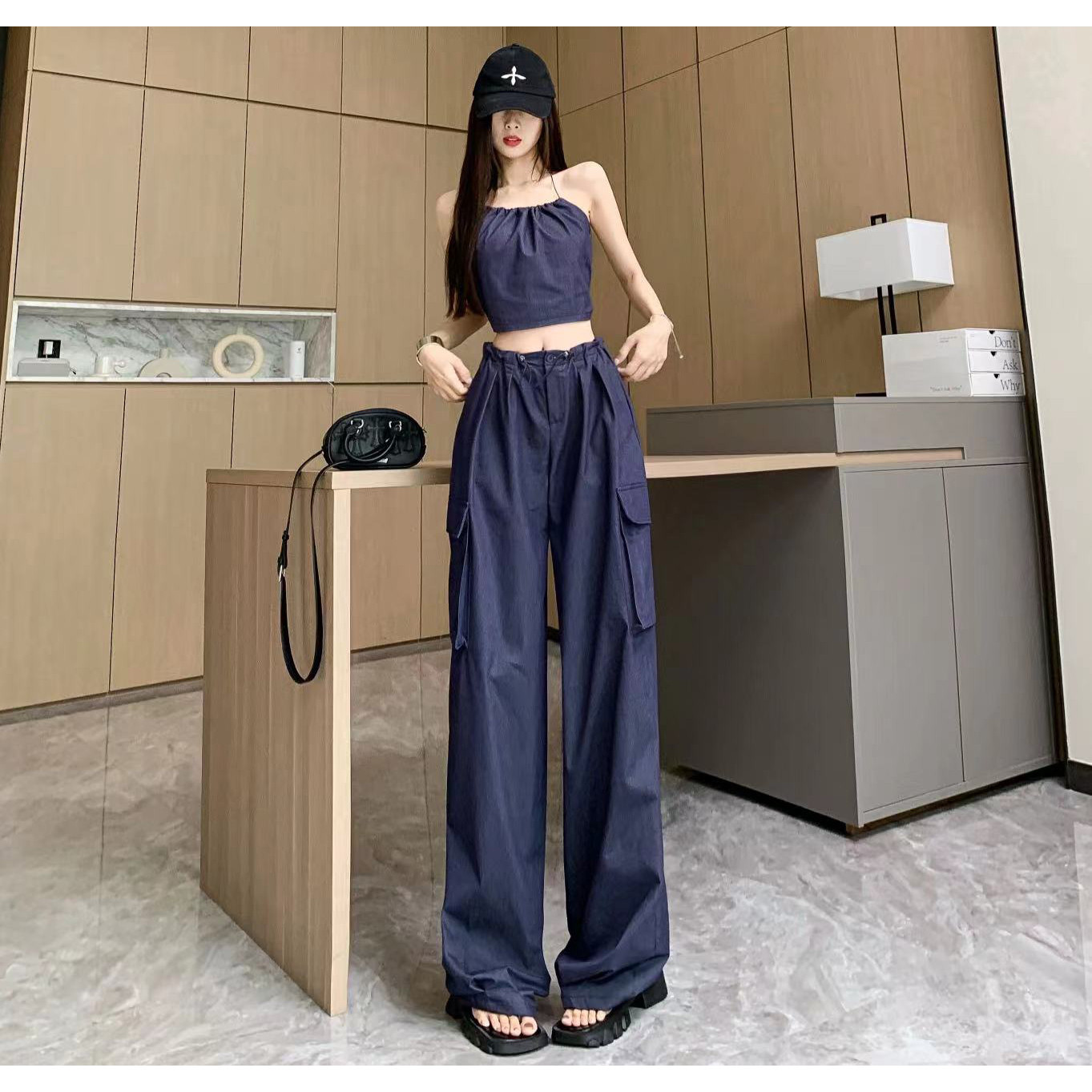 美式酷飒辣妹穿搭一整套装女夏时尚挂脖抹胸上衣高腰阔腿裤两件套