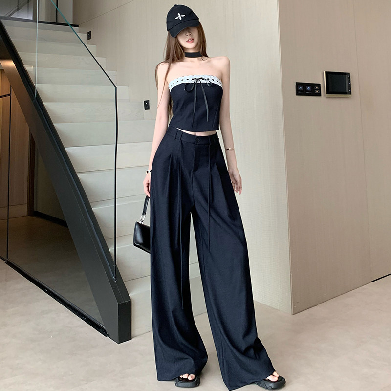 辣妹天丝牛仔时尚套装女夏季薄款抹胸上衣阔腿裤高腰气质两件套潮