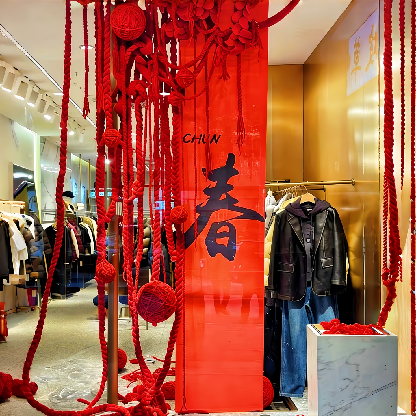 新年商场橱窗美陈装饰元旦店铺门头挂饰红色冰岛毛线麻绳麻花辫