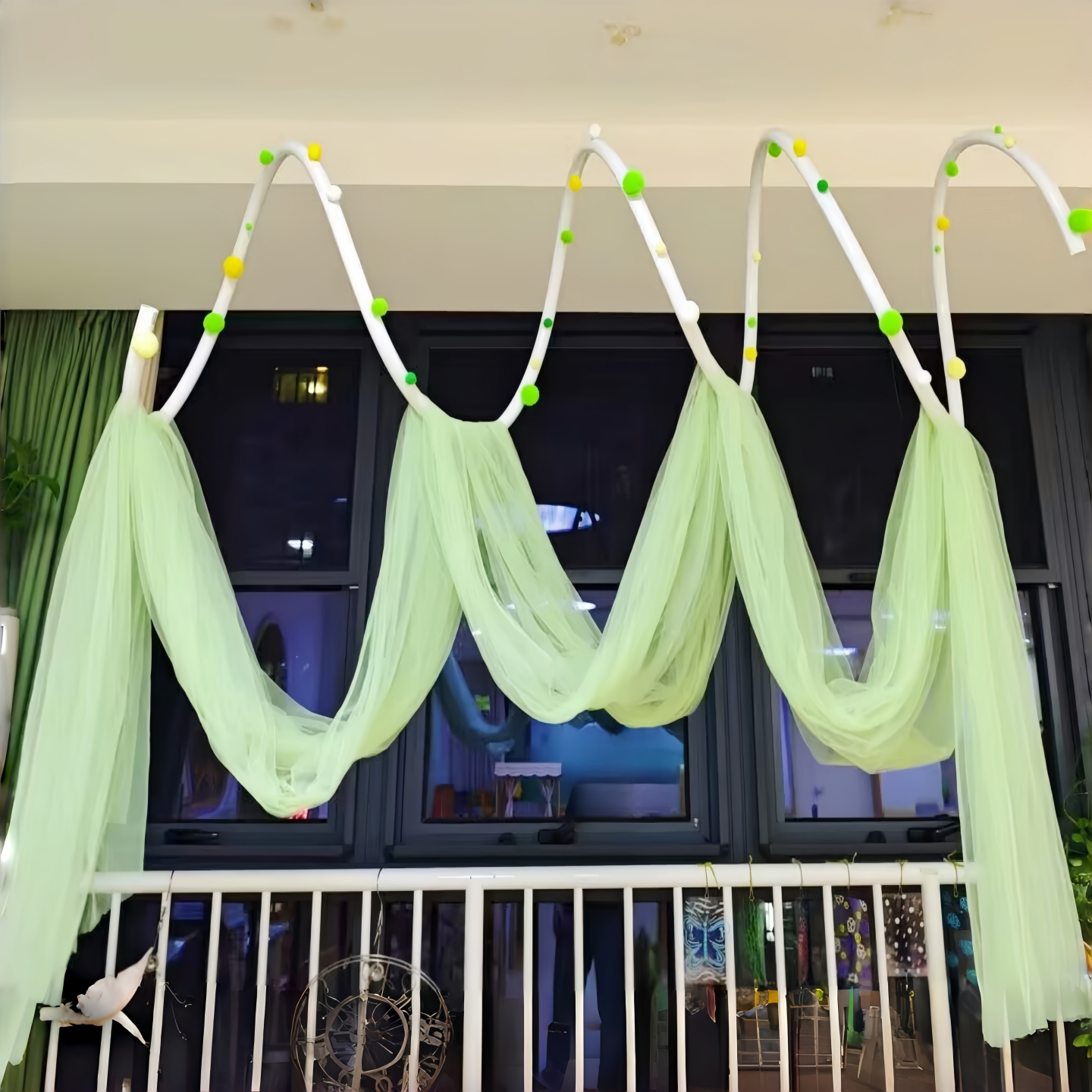 国风绿色系纱幔幼儿园春季开学环创装饰空中吊饰网纱布料婚礼布置